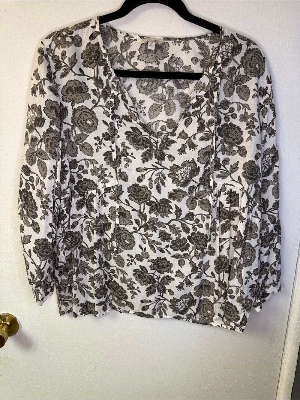 Lucky Brand White Blouse with Gray Floral Print